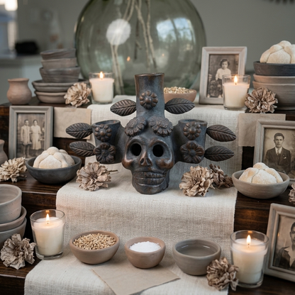 A decorative skull centerpiece with floral and leaf details, styled on a draped table runner with candles, bowls, framed photos, and dried botanicals in a rustic indoor setting.