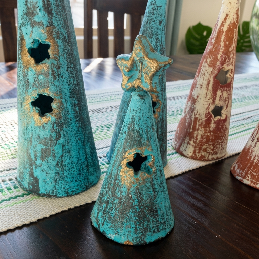 Distressed ceramic Christmas tree ornaments in turquoise, terracotta, and brown, displayed on a woven runner over a dark wooden table.