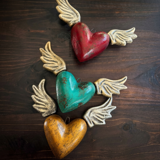 Handmade Winged Heart Wall Decor from Tonalá Mexico | Rustic Mexican Folk Art Hanging | Sacred Heart Décor