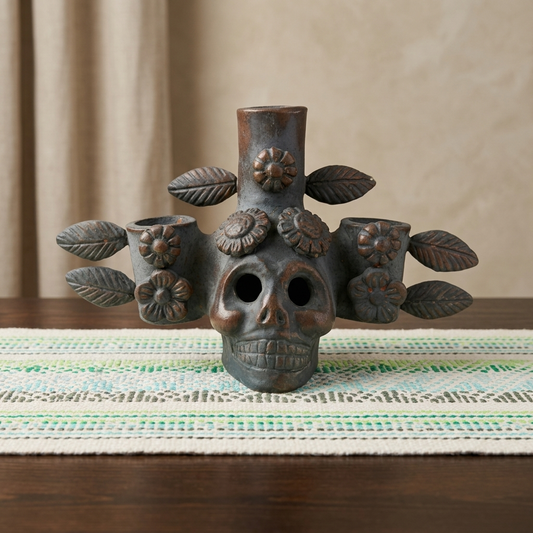 Tonalá Skull Triple Candle Holder – Handmade Mexican Clay Candelabra