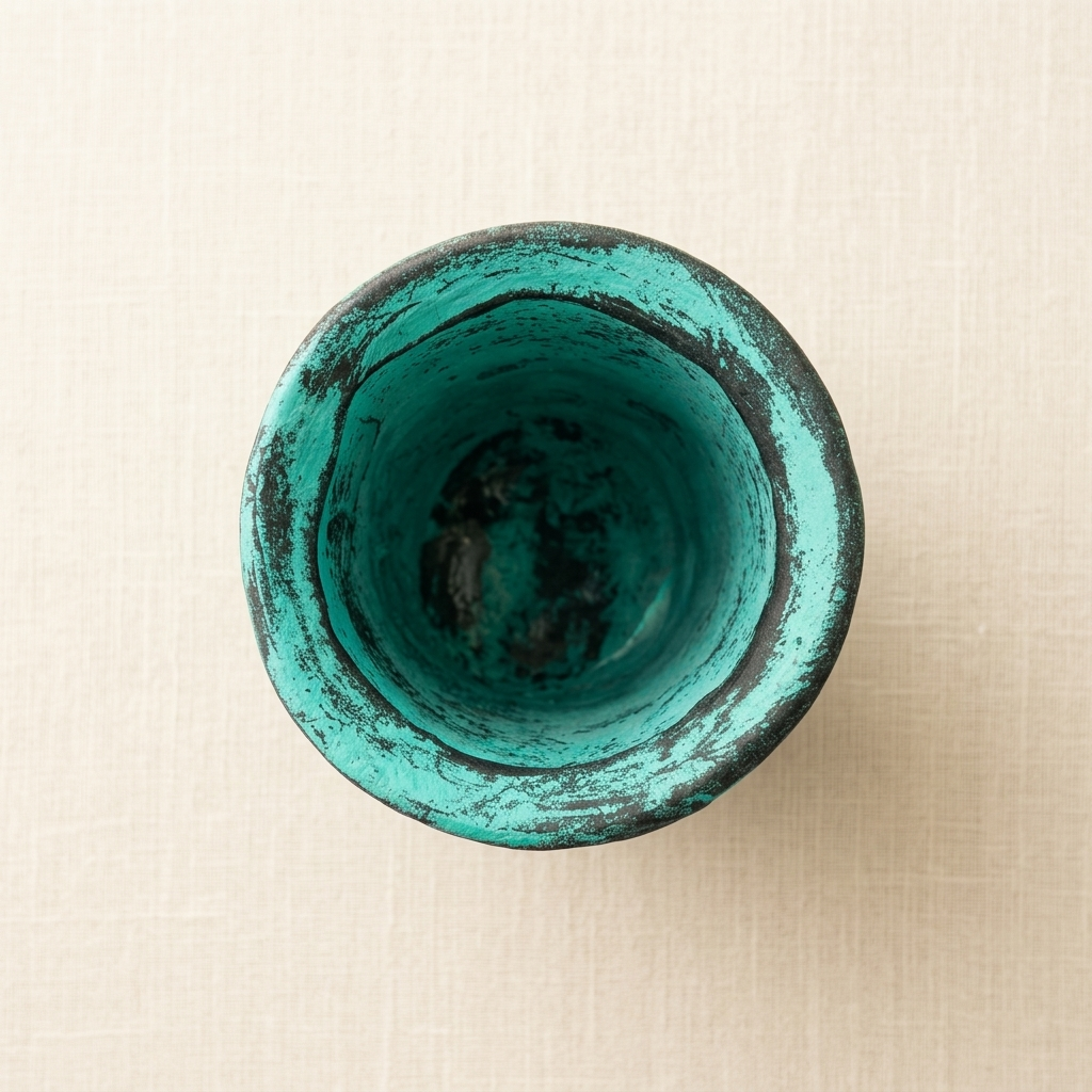 A top-down view of a small ceramic cup or bowl with a distressed turquoise green glaze and a dark rim, set against a light beige textured background.