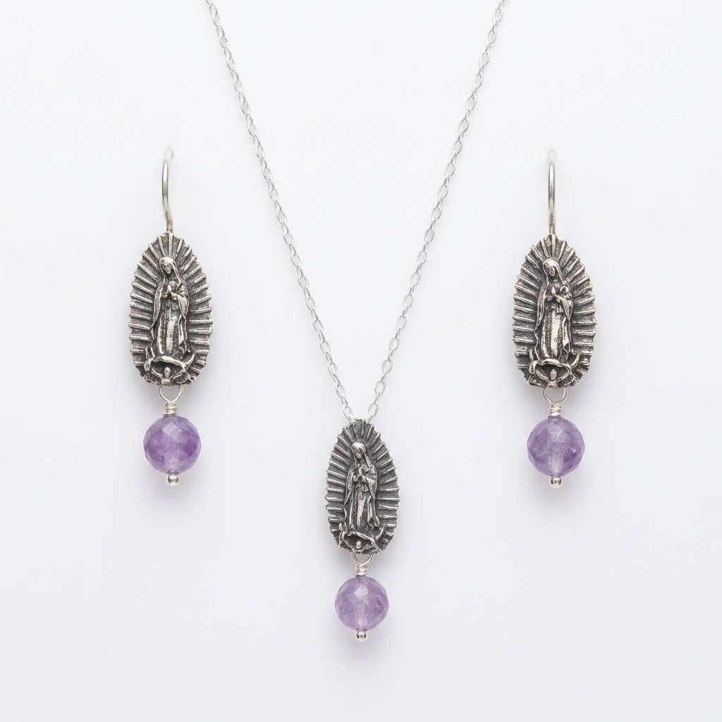 Virgen de Guadalupe Amethyst Jewelry Set – Sterling Silver Necklace & Earrings