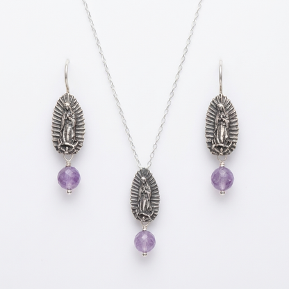 Virgen de Guadalupe Amethyst Jewelry Set – Sterling Silver Necklace & Earrings