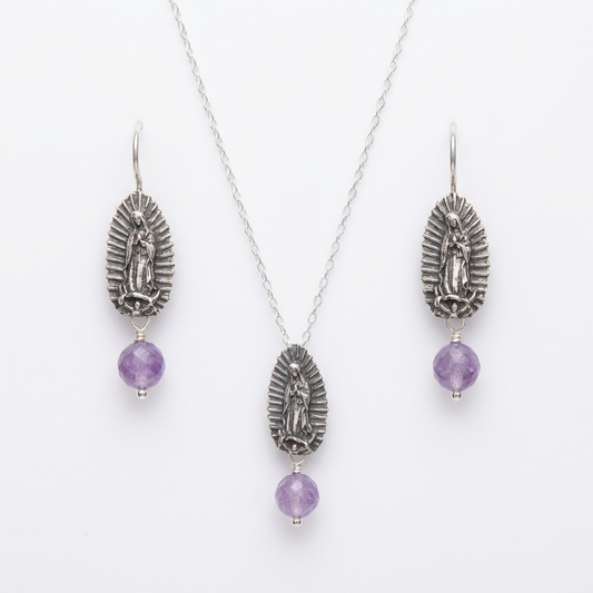 Virgen de Guadalupe Amethyst Jewelry Set – Sterling Silver Necklace & Earrings