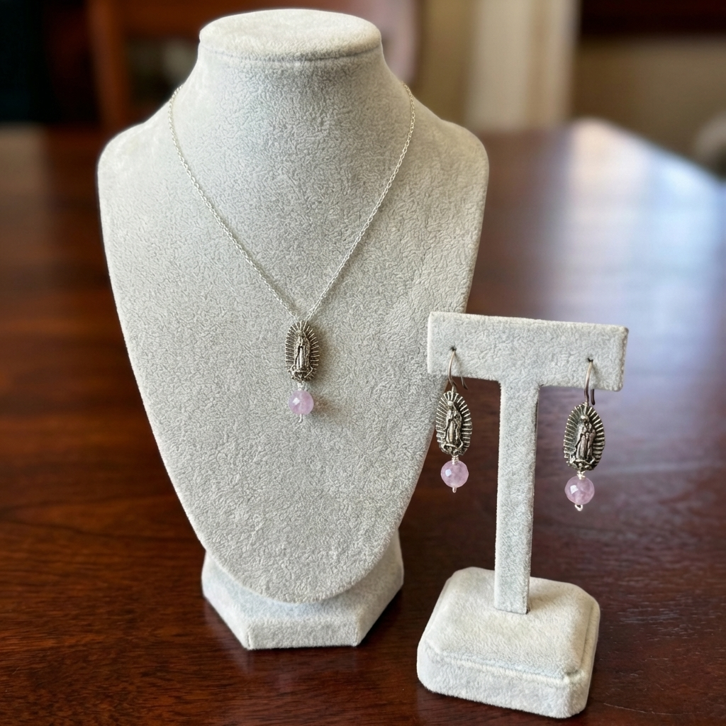 Virgen de Guadalupe Amethyst Jewelry Set – Sterling Silver Necklace & Earrings