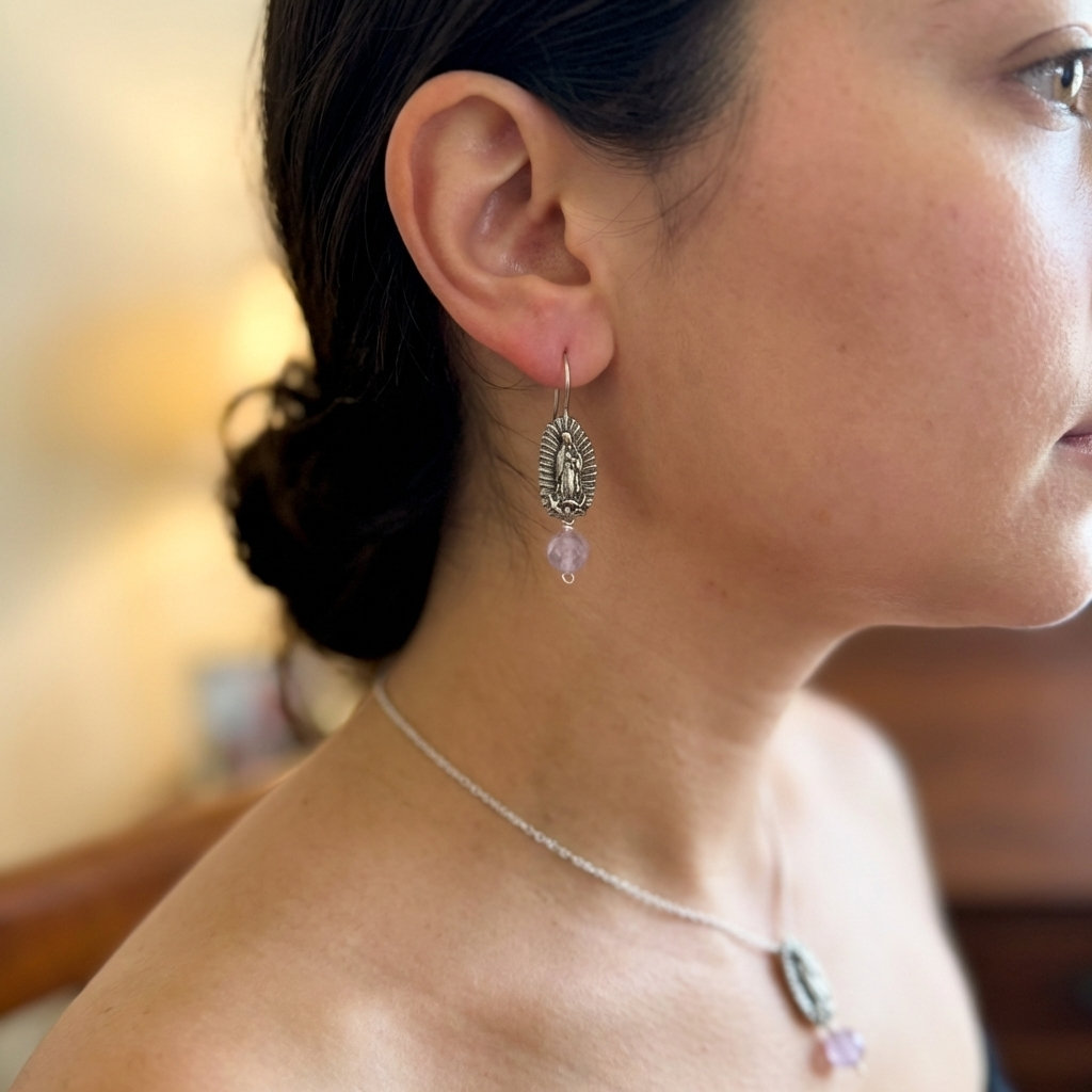 Virgen de Guadalupe Amethyst Jewelry Set – Sterling Silver Necklace & Earrings