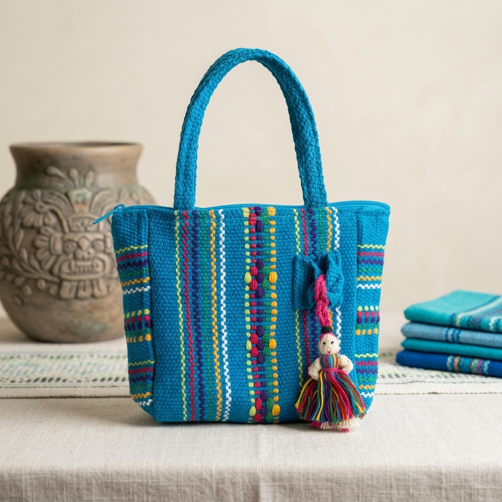 A turquoise blue woven tote bag with colorful vertical stripes and a small multicolored doll charm hanging from the zipper, displayed on a light fabric surface with a ceramic pot and folded textiles in the background.